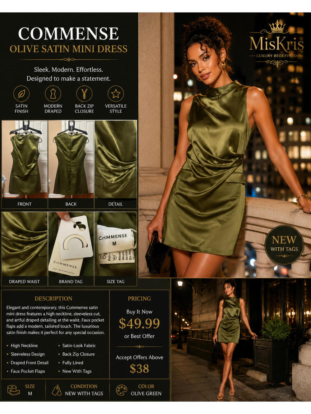 Commense Olive Green Satin Mini Dress Sleeveless Draped Ruched Size M NWT